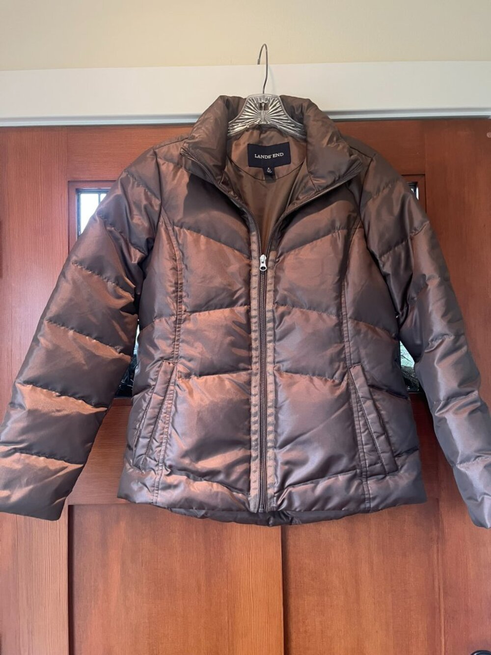 Lands End Women's Down Puffer Jacket Bronze Metallic Quilted Small 6-8